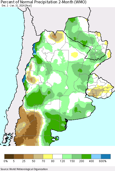 Southern South America Percent of Normal Precipitation 2-Month (WMO) Thematic Map For 12/1/2023 - 1/31/2024