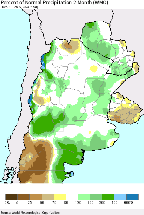 Southern South America Percent of Normal Precipitation 2-Month (WMO) Thematic Map For 12/6/2023 - 2/5/2024