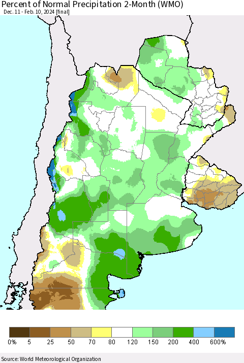 Southern South America Percent of Normal Precipitation 2-Month (WMO) Thematic Map For 12/11/2023 - 2/10/2024