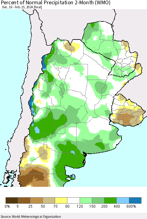 Southern South America Percent of Normal Precipitation 2-Month (WMO) Thematic Map For 12/16/2023 - 2/15/2024