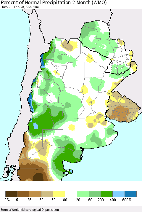 Southern South America Percent of Normal Precipitation 2-Month (WMO) Thematic Map For 12/21/2023 - 2/20/2024