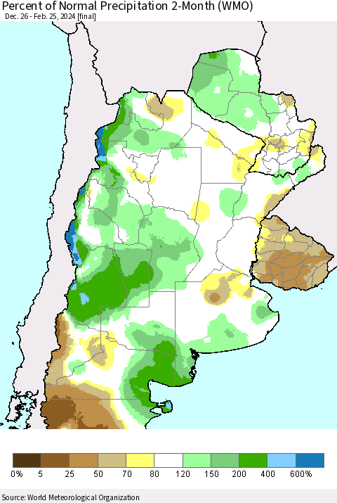 Southern South America Percent of Normal Precipitation 2-Month (WMO) Thematic Map For 12/26/2023 - 2/25/2024