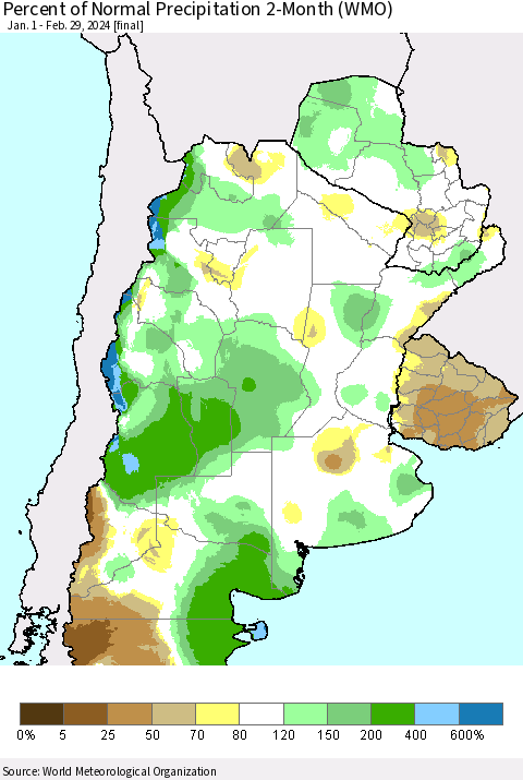 Southern South America Percent of Normal Precipitation 2-Month (WMO) Thematic Map For 1/1/2024 - 2/29/2024