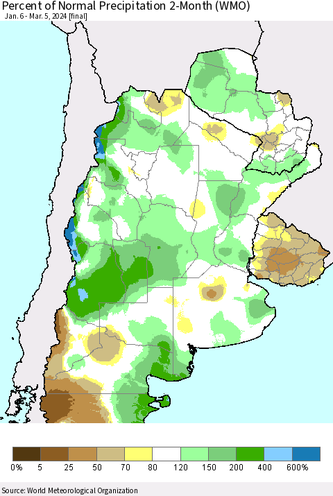 Southern South America Percent of Normal Precipitation 2-Month (WMO) Thematic Map For 1/6/2024 - 3/5/2024