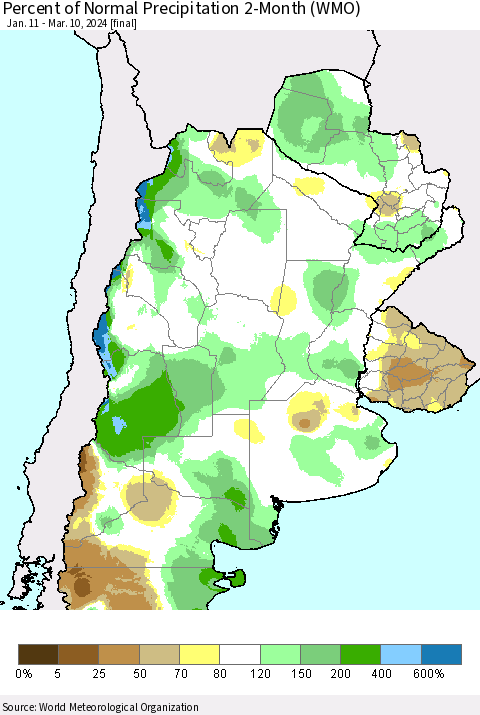 Southern South America Percent of Normal Precipitation 2-Month (WMO) Thematic Map For 1/11/2024 - 3/10/2024