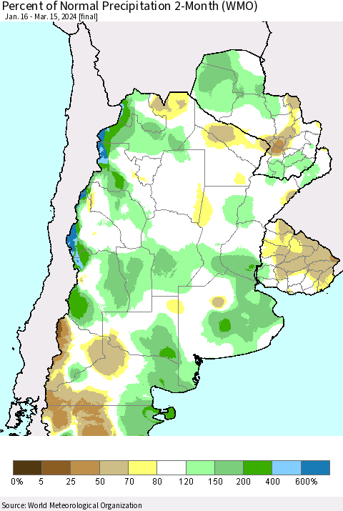 Southern South America Percent of Normal Precipitation 2-Month (WMO) Thematic Map For 1/16/2024 - 3/15/2024