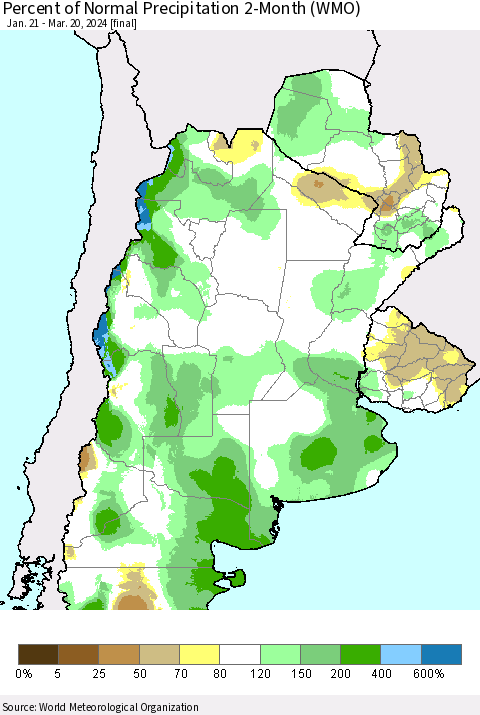 Southern South America Percent of Normal Precipitation 2-Month (WMO) Thematic Map For 1/21/2024 - 3/20/2024