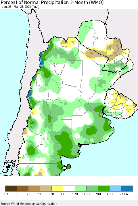 Southern South America Percent of Normal Precipitation 2-Month (WMO) Thematic Map For 1/26/2024 - 3/25/2024