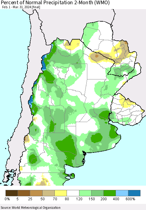 Southern South America Percent of Normal Precipitation 2-Month (WMO) Thematic Map For 2/1/2024 - 3/31/2024