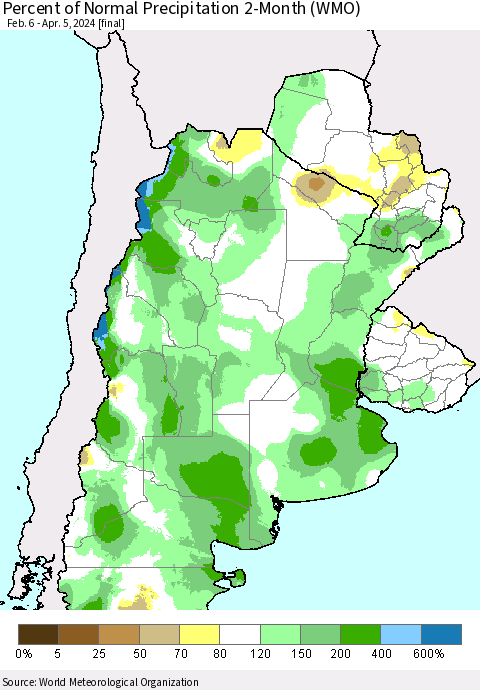Southern South America Percent of Normal Precipitation 2-Month (WMO) Thematic Map For 2/6/2024 - 4/5/2024