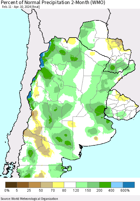 Southern South America Percent of Normal Precipitation 2-Month (WMO) Thematic Map For 2/11/2024 - 4/10/2024