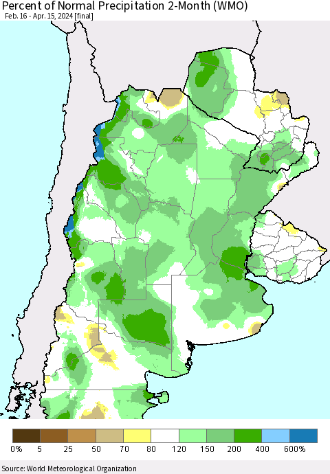 Southern South America Percent of Normal Precipitation 2-Month (WMO) Thematic Map For 2/16/2024 - 4/15/2024