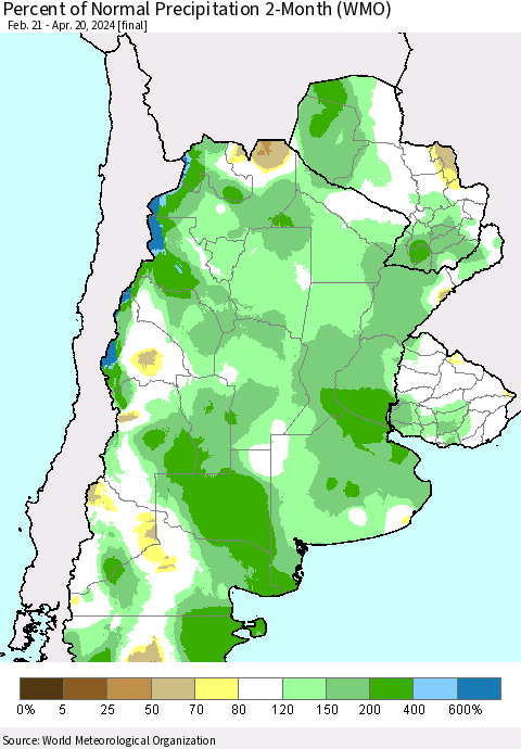 Southern South America Percent of Normal Precipitation 2-Month (WMO) Thematic Map For 2/21/2024 - 4/20/2024