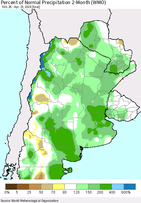 Southern South America Percent of Normal Precipitation 2-Month (WMO) Thematic Map For 2/26/2024 - 4/25/2024
