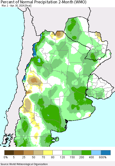 Southern South America Percent of Normal Precipitation 2-Month (WMO) Thematic Map For 3/1/2024 - 4/30/2024