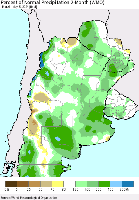 Southern South America Percent of Normal Precipitation 2-Month (WMO) Thematic Map For 3/6/2024 - 5/5/2024