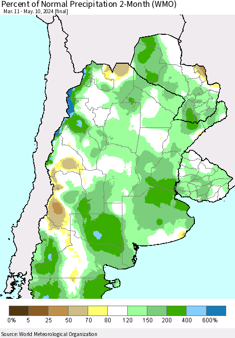 Southern South America Percent of Normal Precipitation 2-Month (WMO) Thematic Map For 3/11/2024 - 5/10/2024