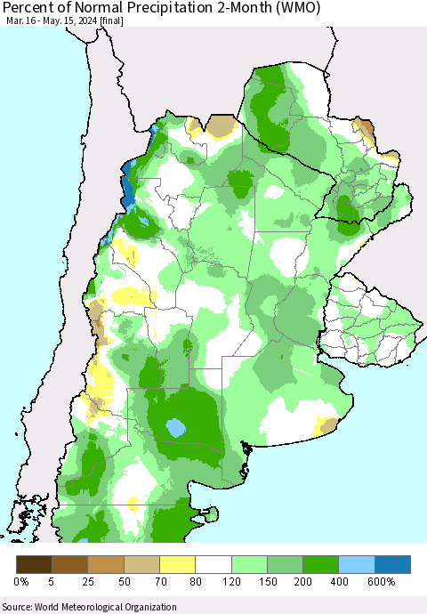 Southern South America Percent of Normal Precipitation 2-Month (WMO) Thematic Map For 3/16/2024 - 5/15/2024