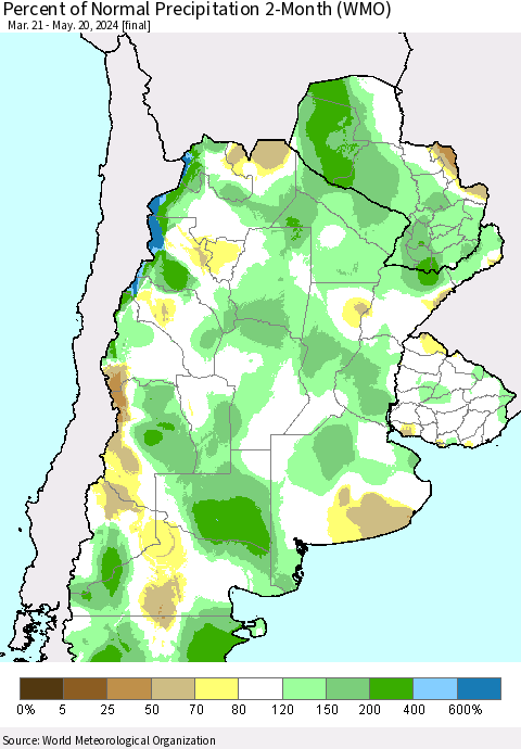 Southern South America Percent of Normal Precipitation 2-Month (WMO) Thematic Map For 3/21/2024 - 5/20/2024