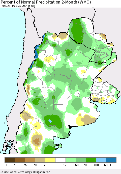 Southern South America Percent of Normal Precipitation 2-Month (WMO) Thematic Map For 3/26/2024 - 5/25/2024