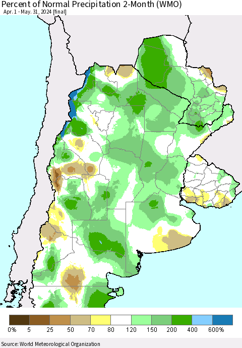 Southern South America Percent of Normal Precipitation 2-Month (WMO) Thematic Map For 4/1/2024 - 5/31/2024