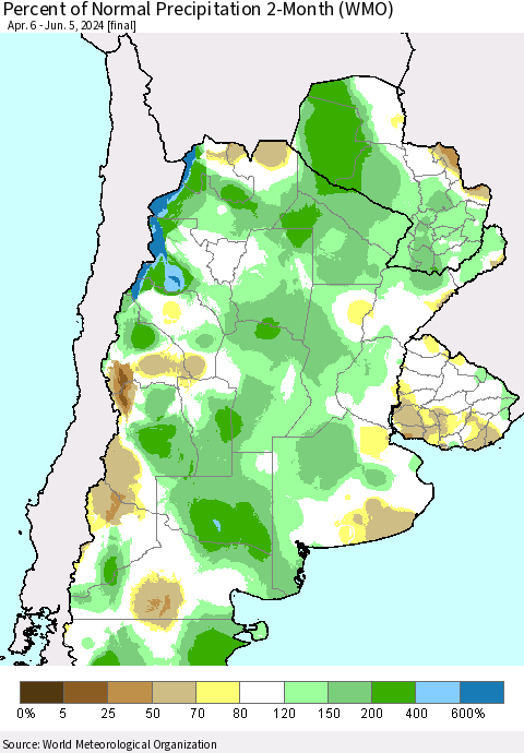 Southern South America Percent of Normal Precipitation 2-Month (WMO) Thematic Map For 4/6/2024 - 6/5/2024