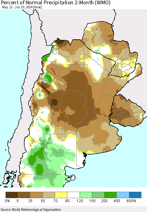 Southern South America Percent of Normal Precipitation 2-Month (WMO) Thematic Map For 5/11/2024 - 7/10/2024