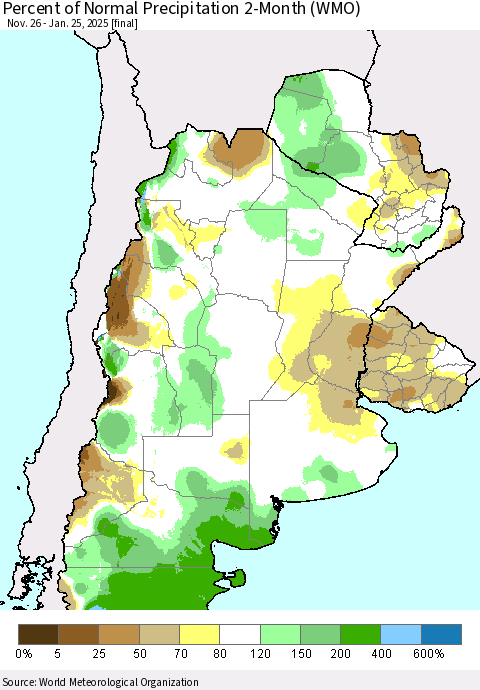 Southern South America Percent of Normal Precipitation 2-Month (WMO) Thematic Map For 11/26/2024 - 1/25/2025