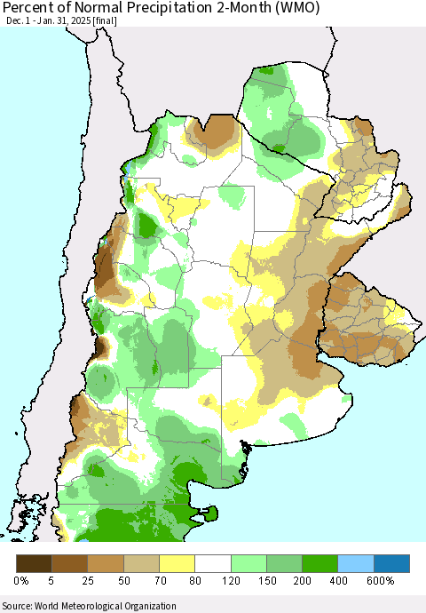Southern South America Percent of Normal Precipitation 2-Month (WMO) Thematic Map For 12/1/2024 - 1/31/2025