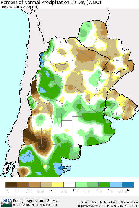 Southern South America Percent of Normal Precipitation 10-Day (WMO) Thematic Map For 12/26/2019 - 1/5/2020