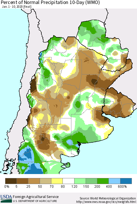 Southern South America Percent of Normal Precipitation 10-Day (WMO) Thematic Map For 1/1/2020 - 1/10/2020