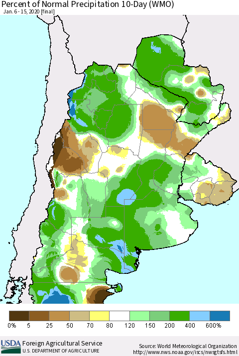 Southern South America Percent of Normal Precipitation 10-Day (WMO) Thematic Map For 1/6/2020 - 1/15/2020