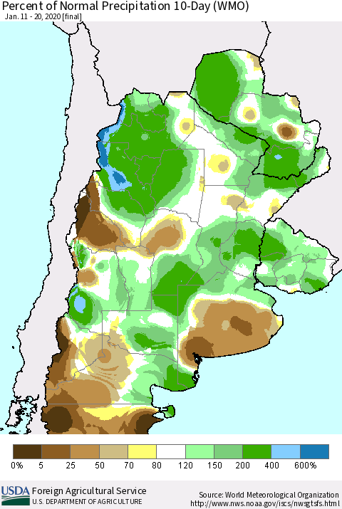 Southern South America Percent of Normal Precipitation 10-Day (WMO) Thematic Map For 1/11/2020 - 1/20/2020