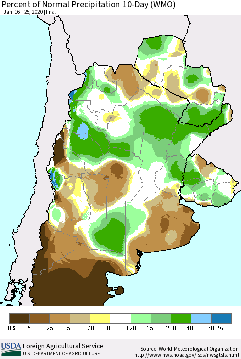Southern South America Percent of Normal Precipitation 10-Day (WMO) Thematic Map For 1/16/2020 - 1/25/2020