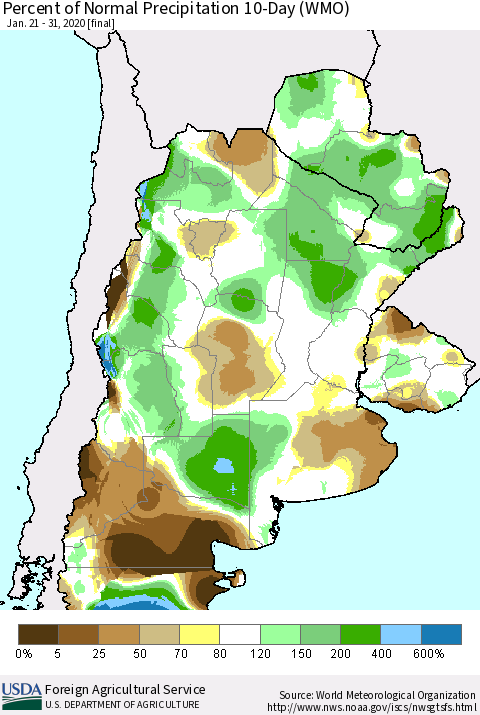 Southern South America Percent of Normal Precipitation 10-Day (WMO) Thematic Map For 1/21/2020 - 1/31/2020