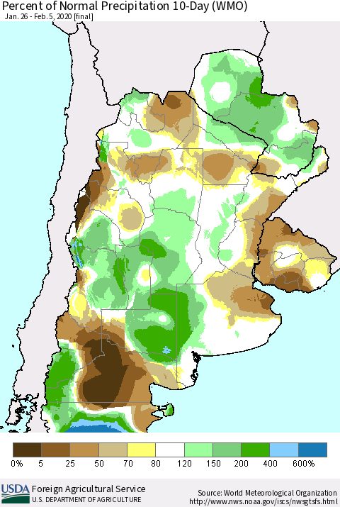 Southern South America Percent of Normal Precipitation 10-Day (WMO) Thematic Map For 1/26/2020 - 2/5/2020