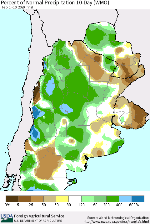 Southern South America Percent of Normal Precipitation 10-Day (WMO) Thematic Map For 2/1/2020 - 2/10/2020
