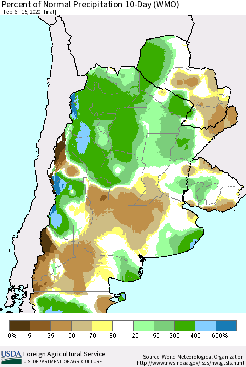Southern South America Percent of Normal Precipitation 10-Day (WMO) Thematic Map For 2/6/2020 - 2/15/2020