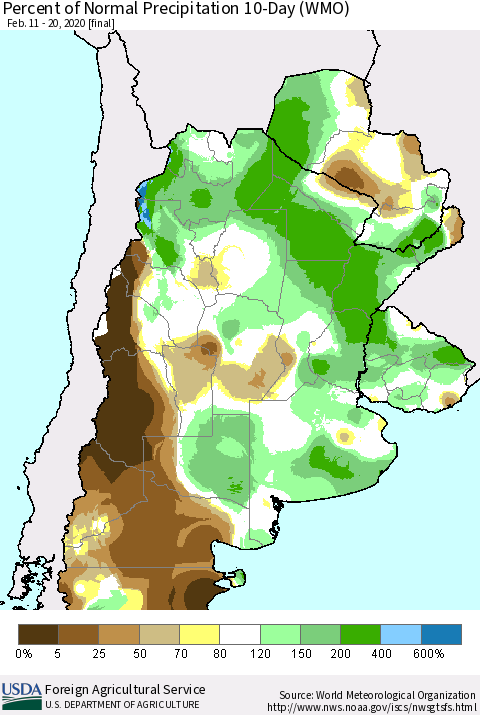 Southern South America Percent of Normal Precipitation 10-Day (WMO) Thematic Map For 2/11/2020 - 2/20/2020