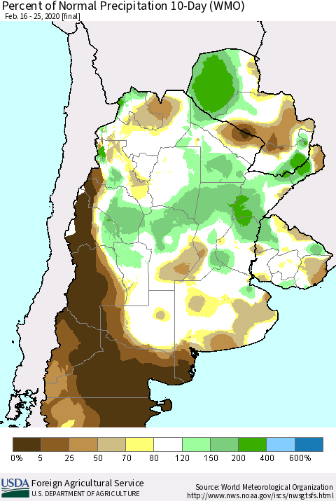 Southern South America Percent of Normal Precipitation 10-Day (WMO) Thematic Map For 2/16/2020 - 2/25/2020