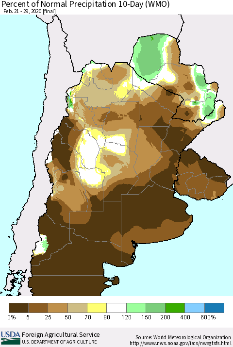 Southern South America Percent of Normal Precipitation 10-Day (WMO) Thematic Map For 2/21/2020 - 2/29/2020