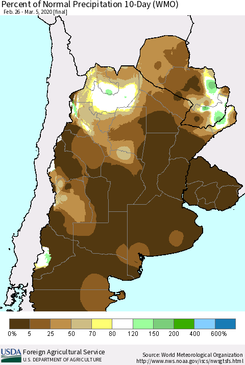 Southern South America Percent of Normal Precipitation 10-Day (WMO) Thematic Map For 2/26/2020 - 3/5/2020