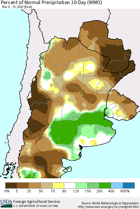 Southern South America Percent of Normal Precipitation 10-Day (WMO) Thematic Map For 3/6/2020 - 3/15/2020