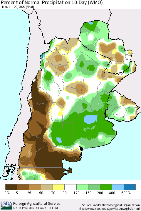 Southern South America Percent of Normal Precipitation 10-Day (WMO) Thematic Map For 3/11/2020 - 3/20/2020