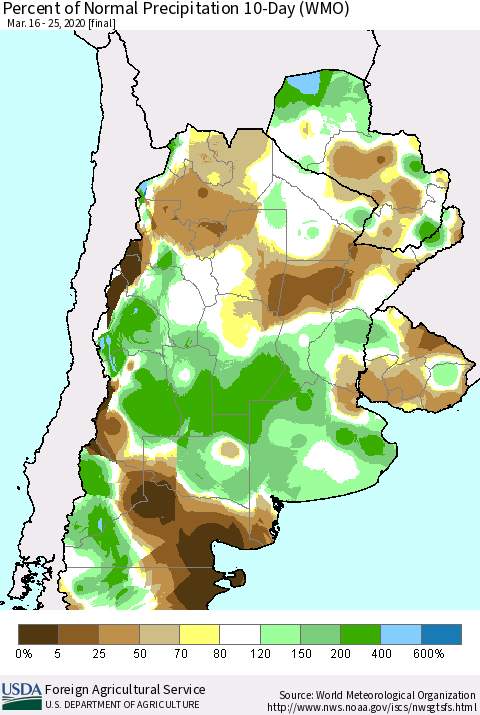 Southern South America Percent of Normal Precipitation 10-Day (WMO) Thematic Map For 3/16/2020 - 3/25/2020