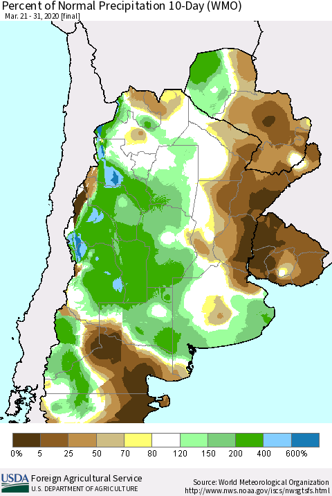Southern South America Percent of Normal Precipitation 10-Day (WMO) Thematic Map For 3/21/2020 - 3/31/2020