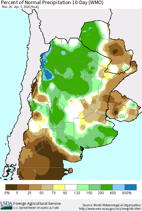Southern South America Percent of Normal Precipitation 10-Day (WMO) Thematic Map For 3/26/2020 - 4/5/2020