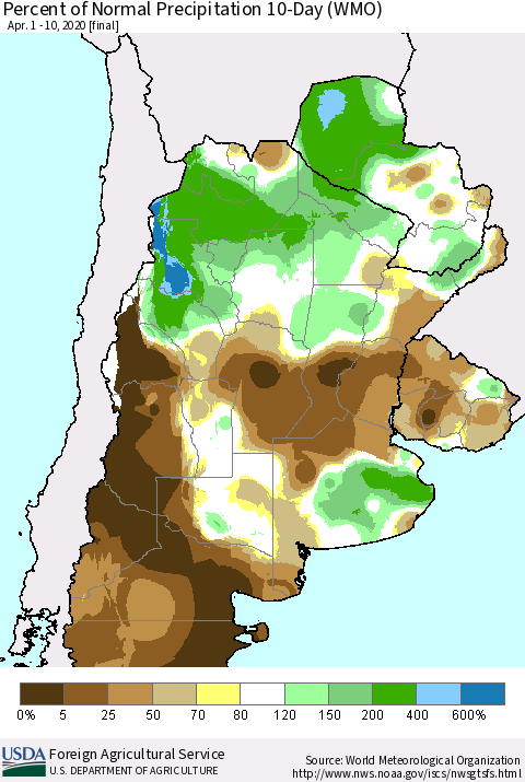 Southern South America Percent of Normal Precipitation 10-Day (WMO) Thematic Map For 4/1/2020 - 4/10/2020