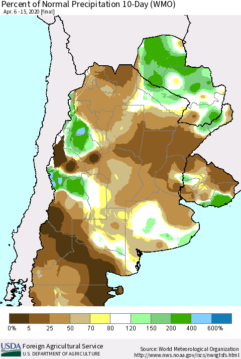 Southern South America Percent of Normal Precipitation 10-Day (WMO) Thematic Map For 4/6/2020 - 4/15/2020