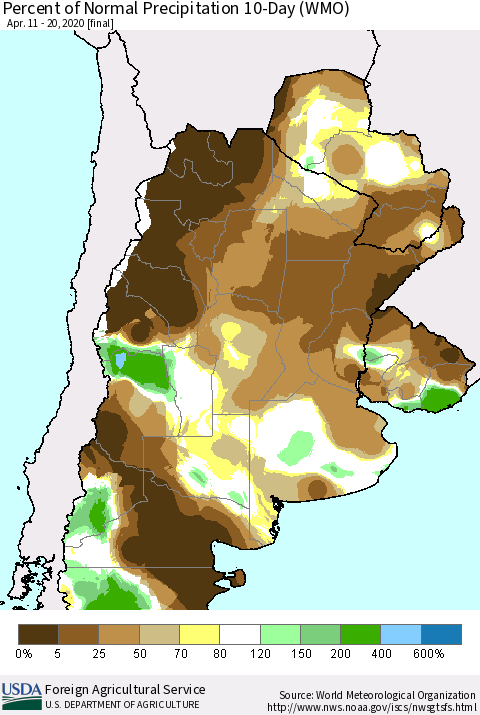 Southern South America Percent of Normal Precipitation 10-Day (WMO) Thematic Map For 4/11/2020 - 4/20/2020